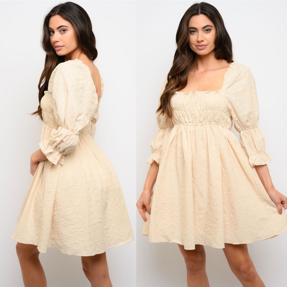 (Last Few) Cream Babydoll Puff Sleeve Floral Mini Dress - Picture 2 of 3
